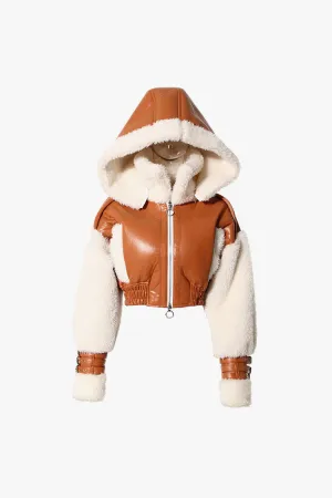Moto Hooded High Neck Faux Shearling Vegan Leather Crop Aviator Jacket