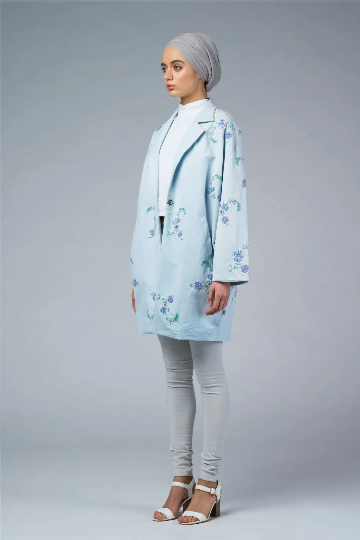 NAIA Blue Hand-Embroidered Cocoon Coat