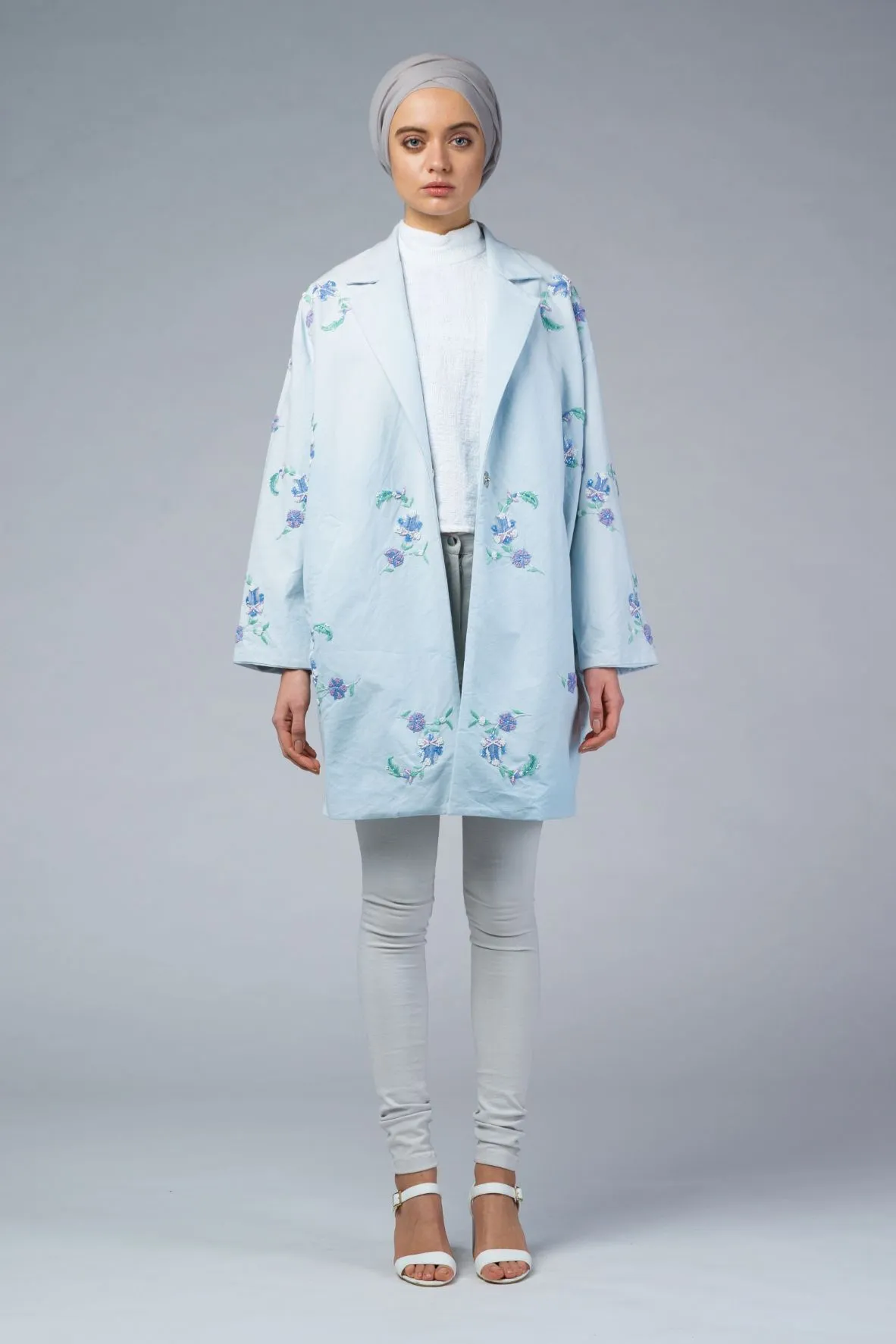 NAIA Blue Hand-Embroidered Cocoon Coat