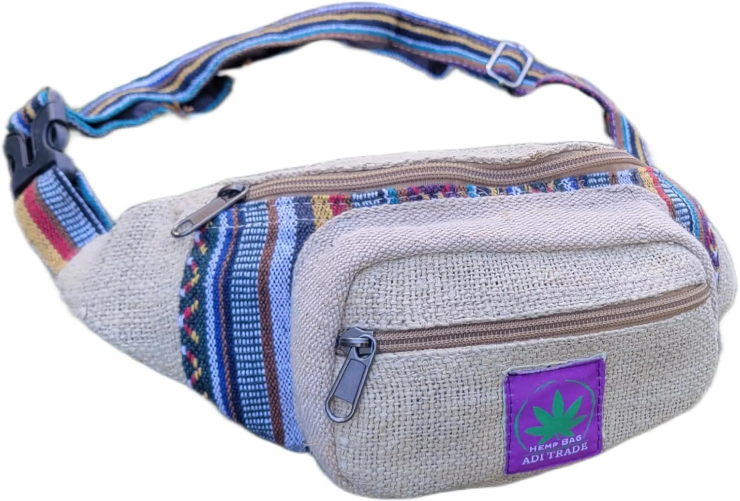 Natural handmade Hemp fanny pack, Adjustable straps for Hiking/Traveling/Walking and multicolored heppie fashion Fanny Pack (Natural mix)