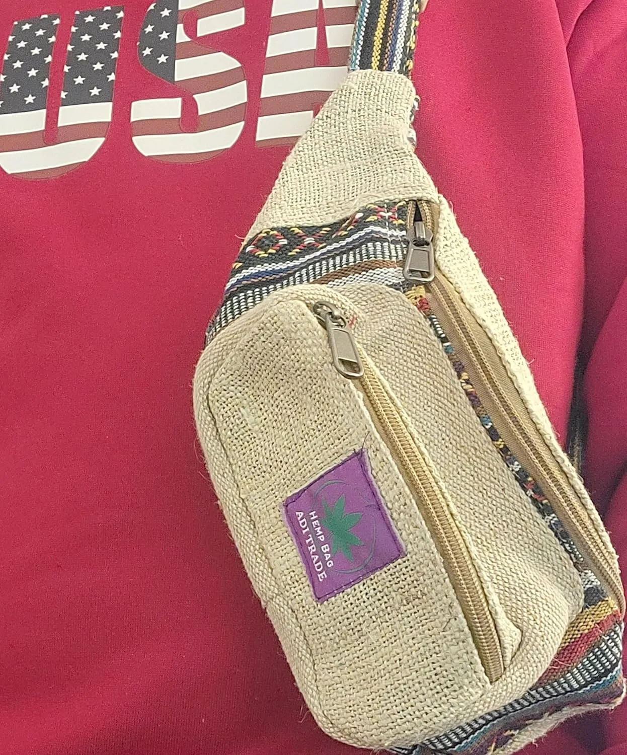 Natural handmade Hemp fanny pack, Adjustable straps for Hiking/Traveling/Walking and multicolored heppie fashion Fanny Pack (Natural mix)