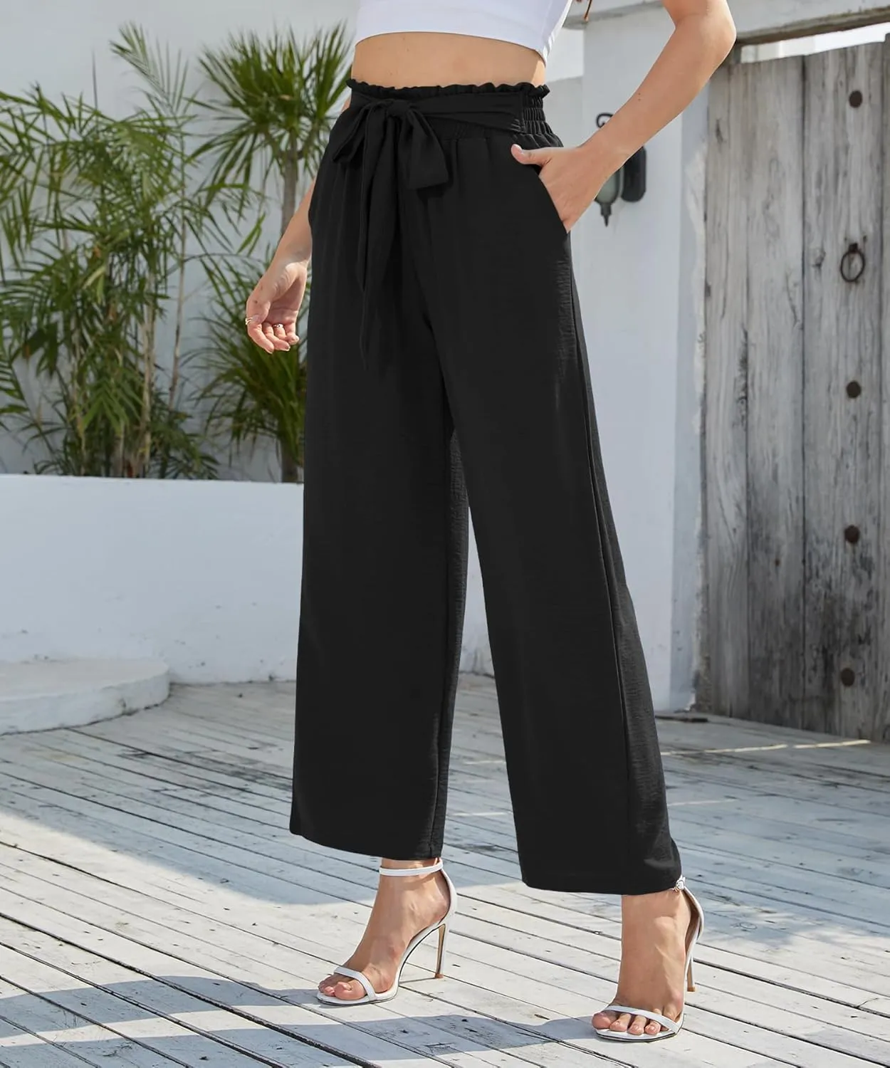 NILOUFO Women's Casual Wide Leg Pants High Waisted Lightweight Loose Long Trousers with Pockets Adjustable Tie Knot
