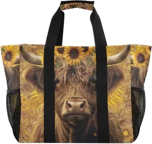 ODAWA Vintage Highland Cow Sunflowers Durable Canvas Beach Bags for Travel and Sports, Durable Grocery Tote with Pockets