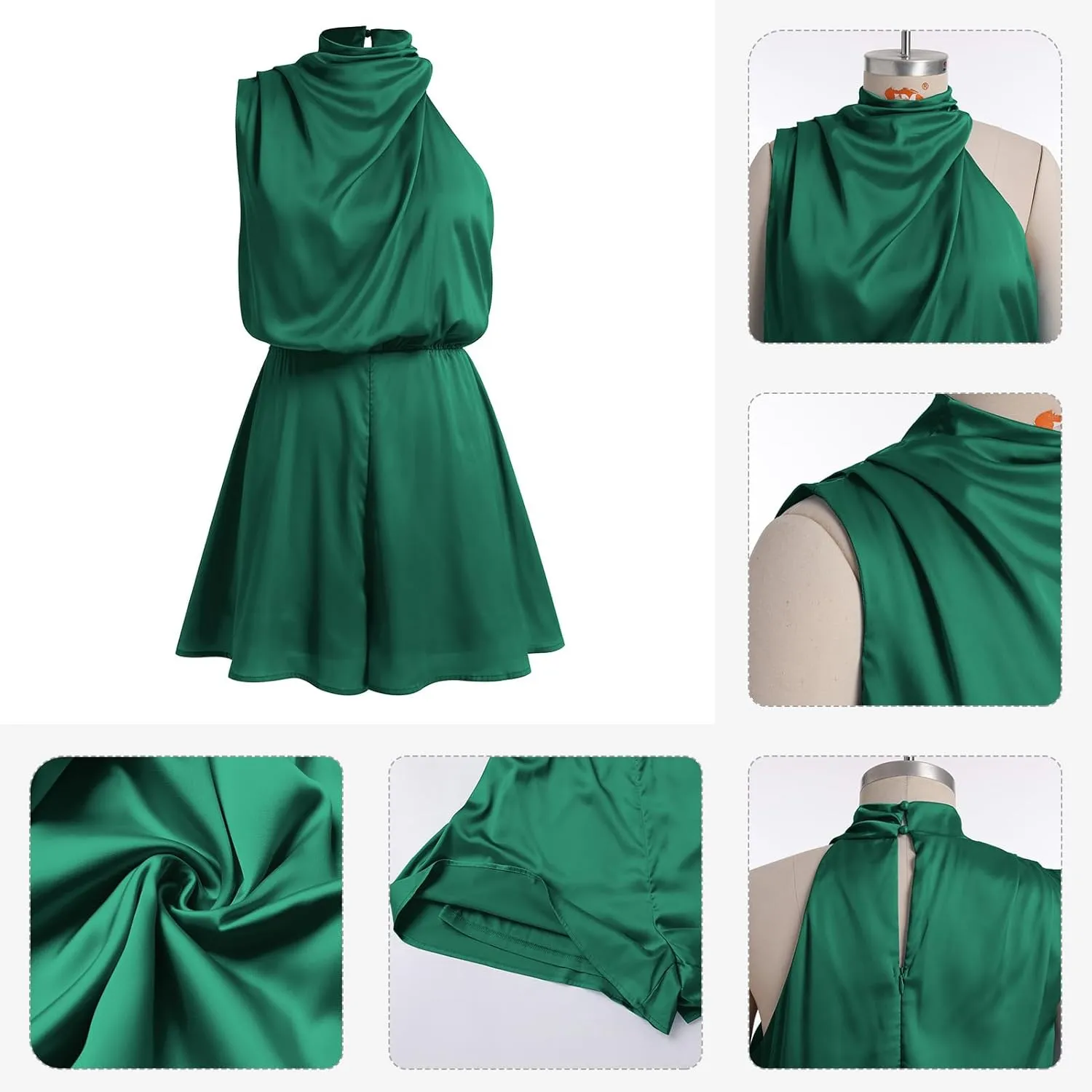 ODIZLI Women Mock Neck Satin Dresses Tie Waist Cocktail Dress Elegant Sleeveless Summer Dresses Above Knee Length