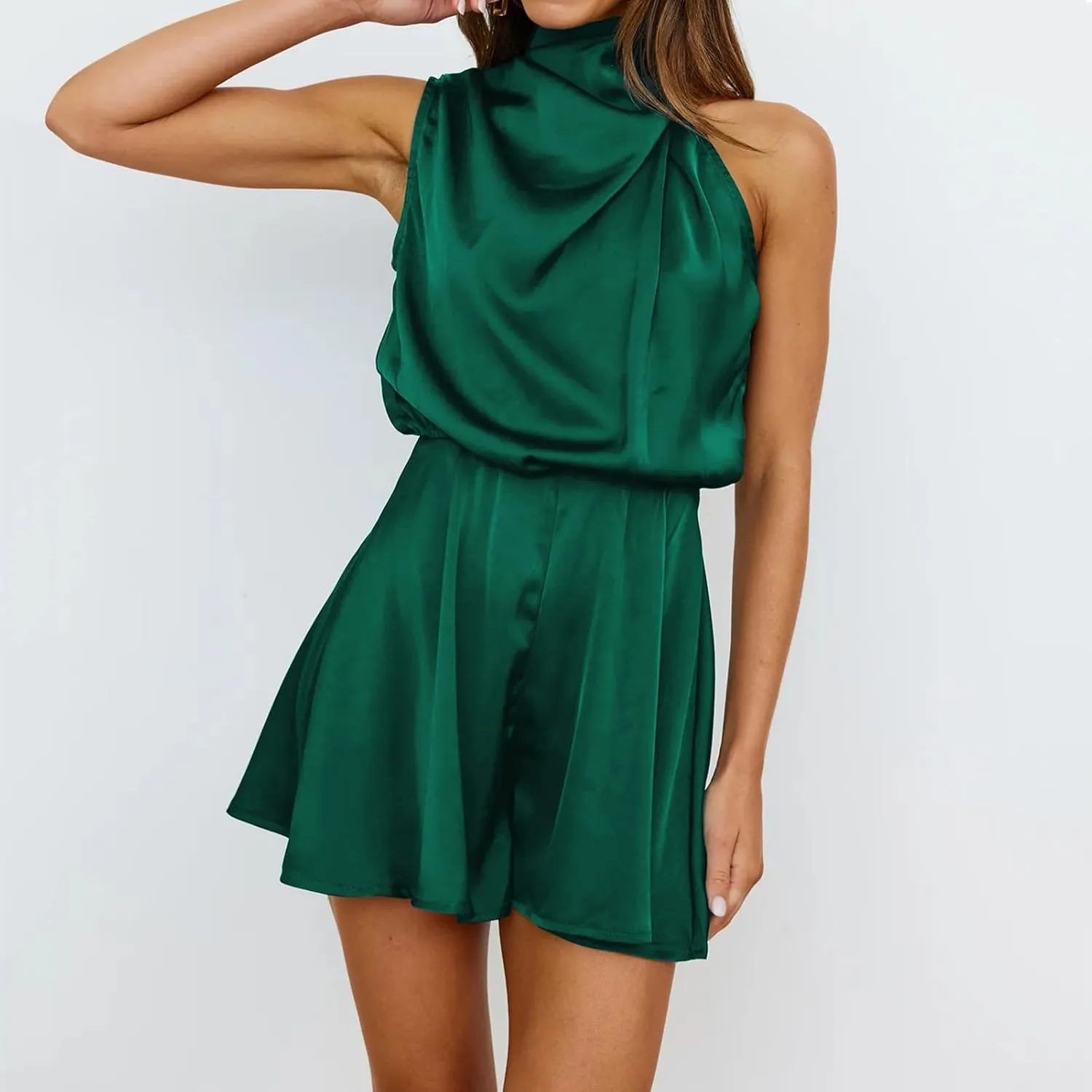 ODIZLI Women Mock Neck Satin Dresses Tie Waist Cocktail Dress Elegant Sleeveless Summer Dresses Above Knee Length