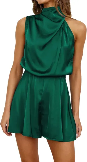 ODIZLI Women Mock Neck Satin Dresses Tie Waist Cocktail Dress Elegant Sleeveless Summer Dresses Above Knee Length