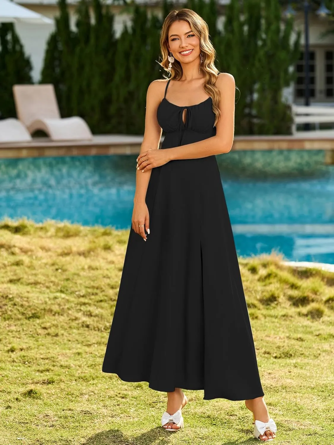Parthea Womens Spaghetti Straps Corset Dress Boho Flowy Slit Square Neck Casual Midi Dresses
