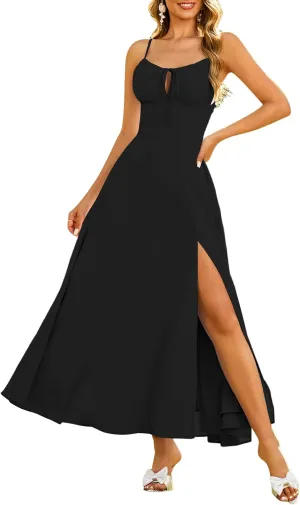 Parthea Womens Spaghetti Straps Corset Dress Boho Flowy Slit Square Neck Casual Midi Dresses