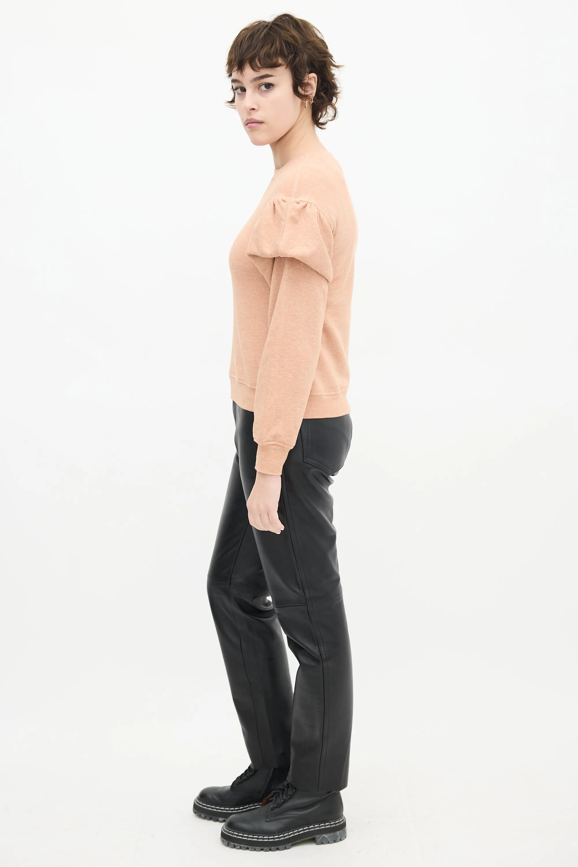 Pink Cotton Puff Sleeve Crewneck Sweater