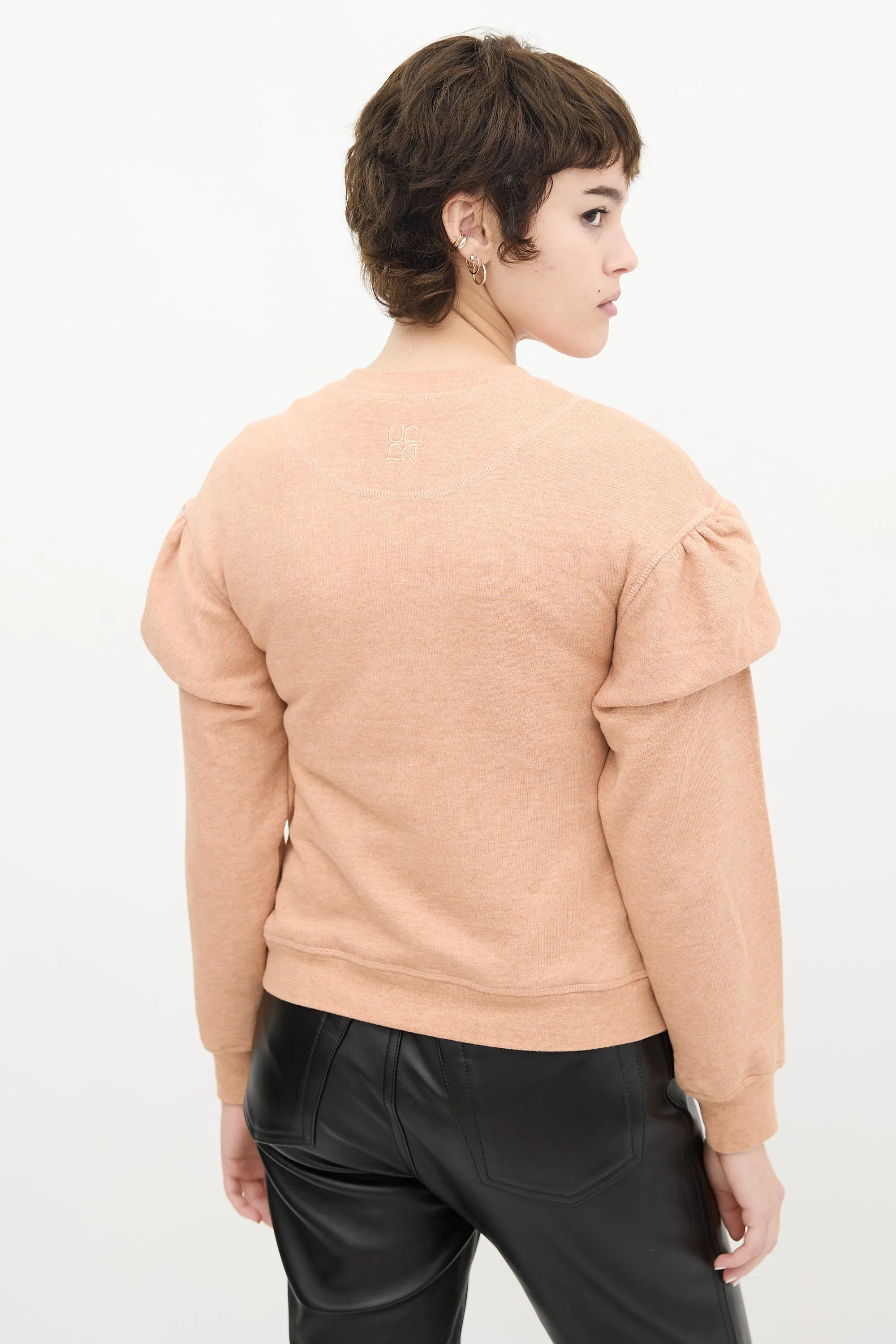 Pink Cotton Puff Sleeve Crewneck Sweater