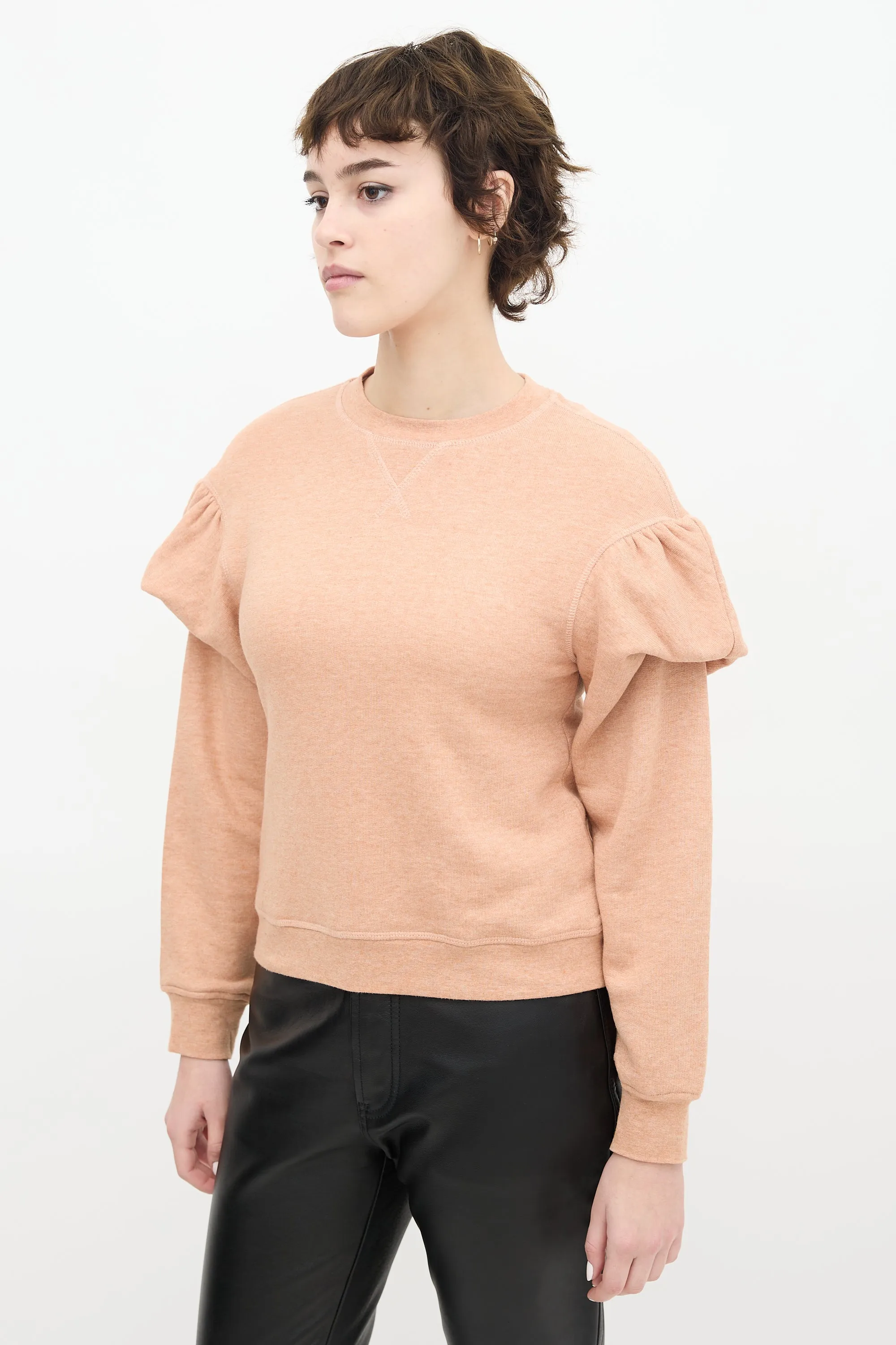 Pink Cotton Puff Sleeve Crewneck Sweater