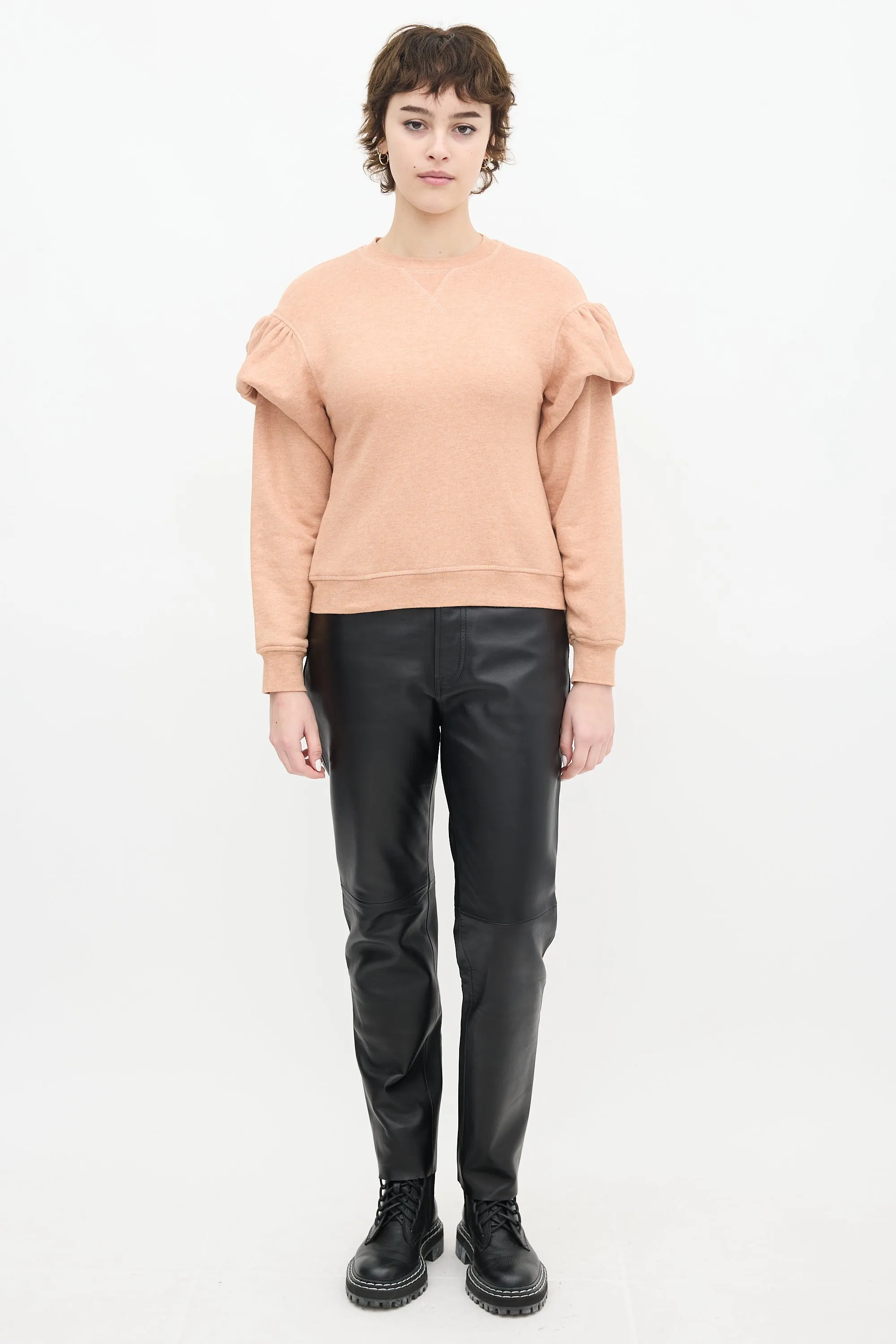 Pink Cotton Puff Sleeve Crewneck Sweater