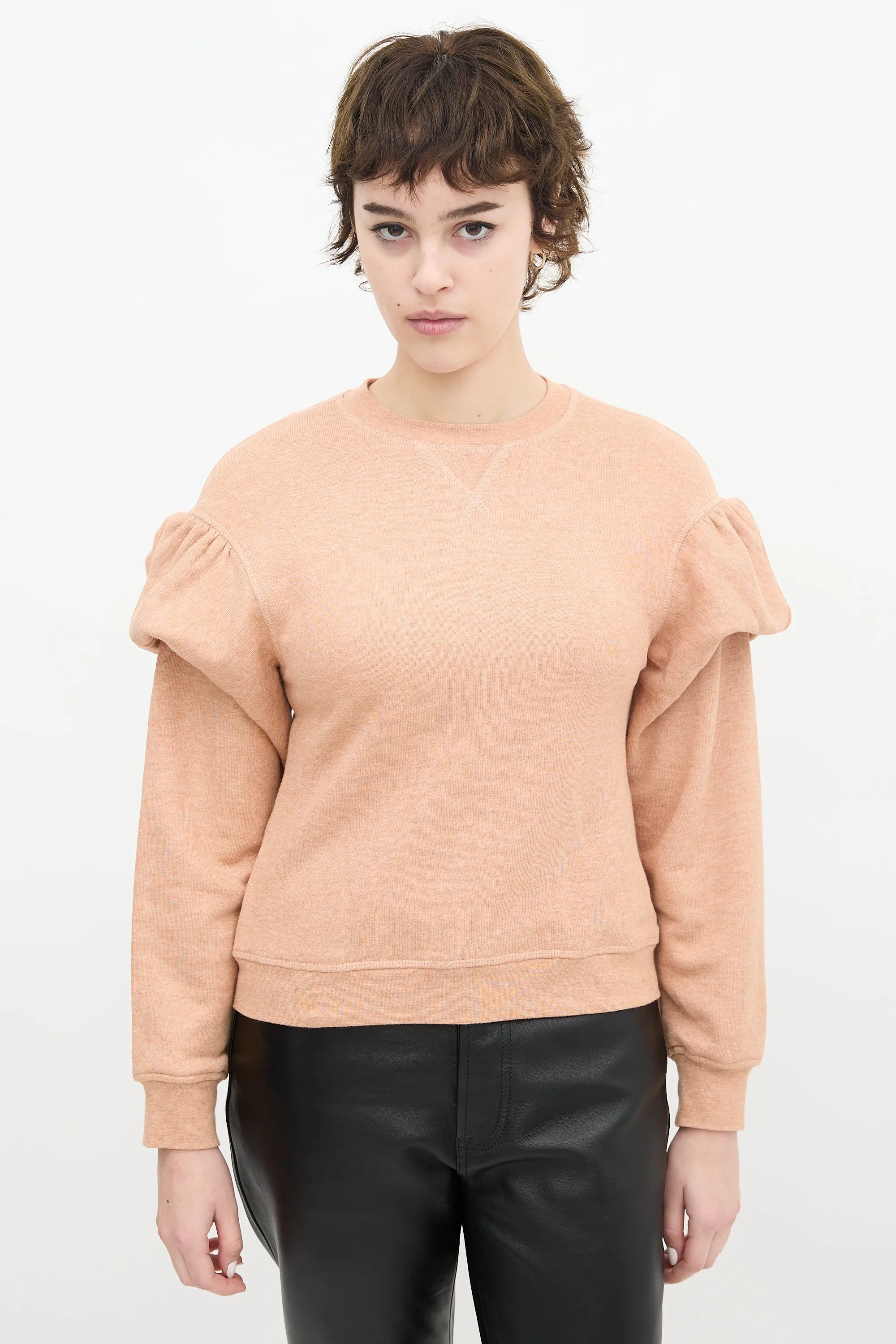 Pink Cotton Puff Sleeve Crewneck Sweater