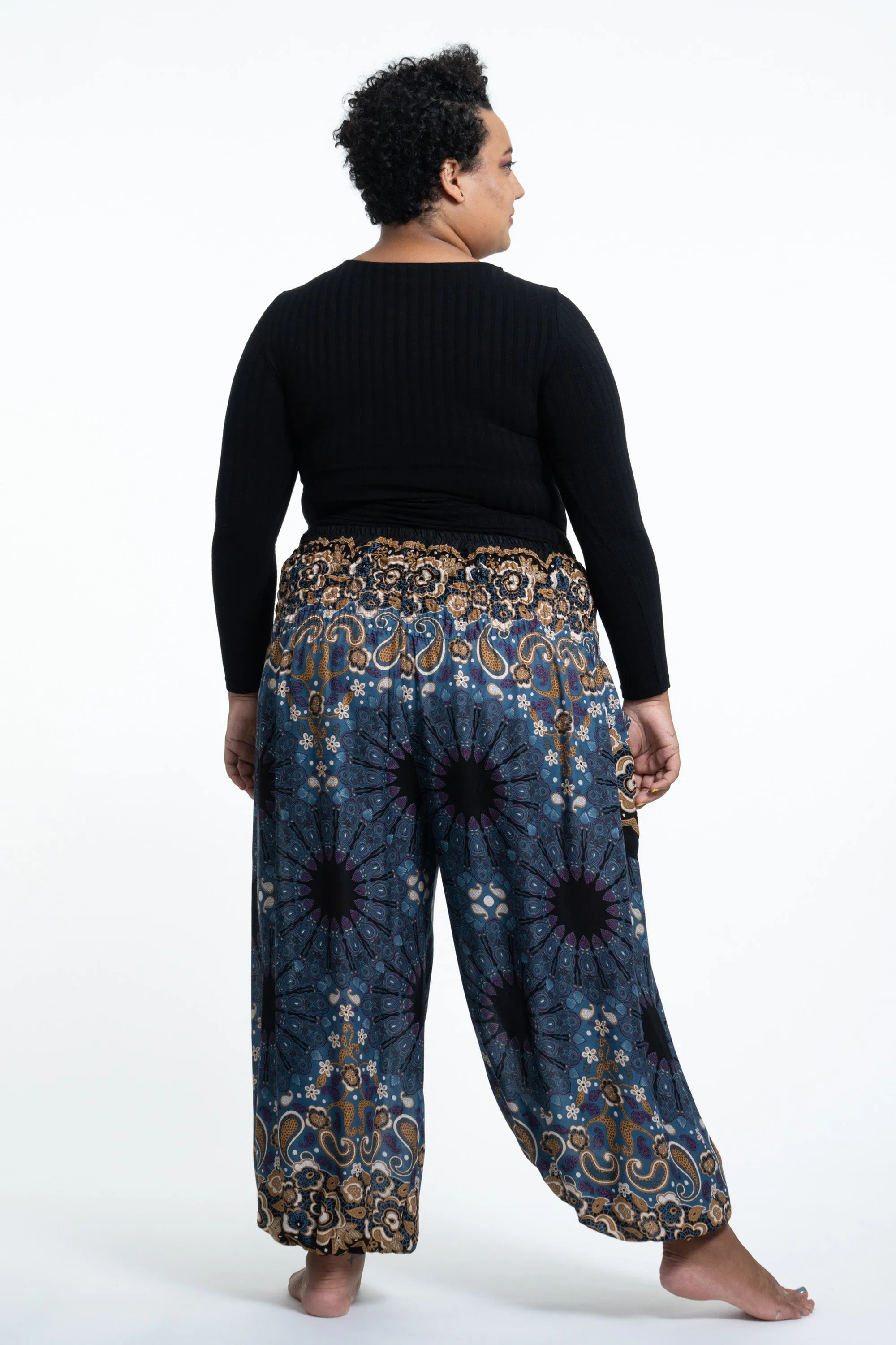 Plus Size Paisley Mandalas Women's Harem Pants in Blue Gray