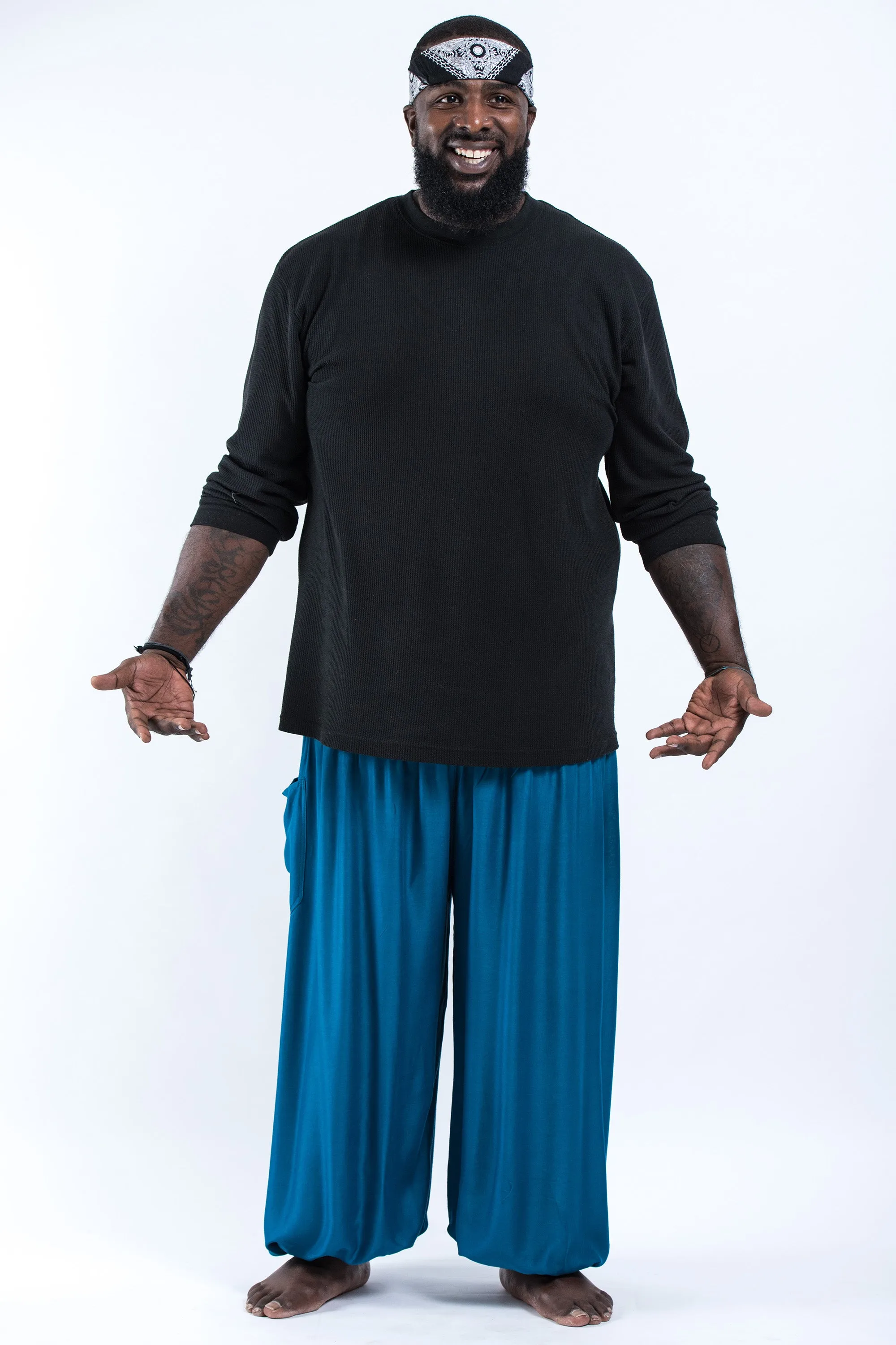 Plus Size Solid Color Men's Harem Pants in Aqua Blue