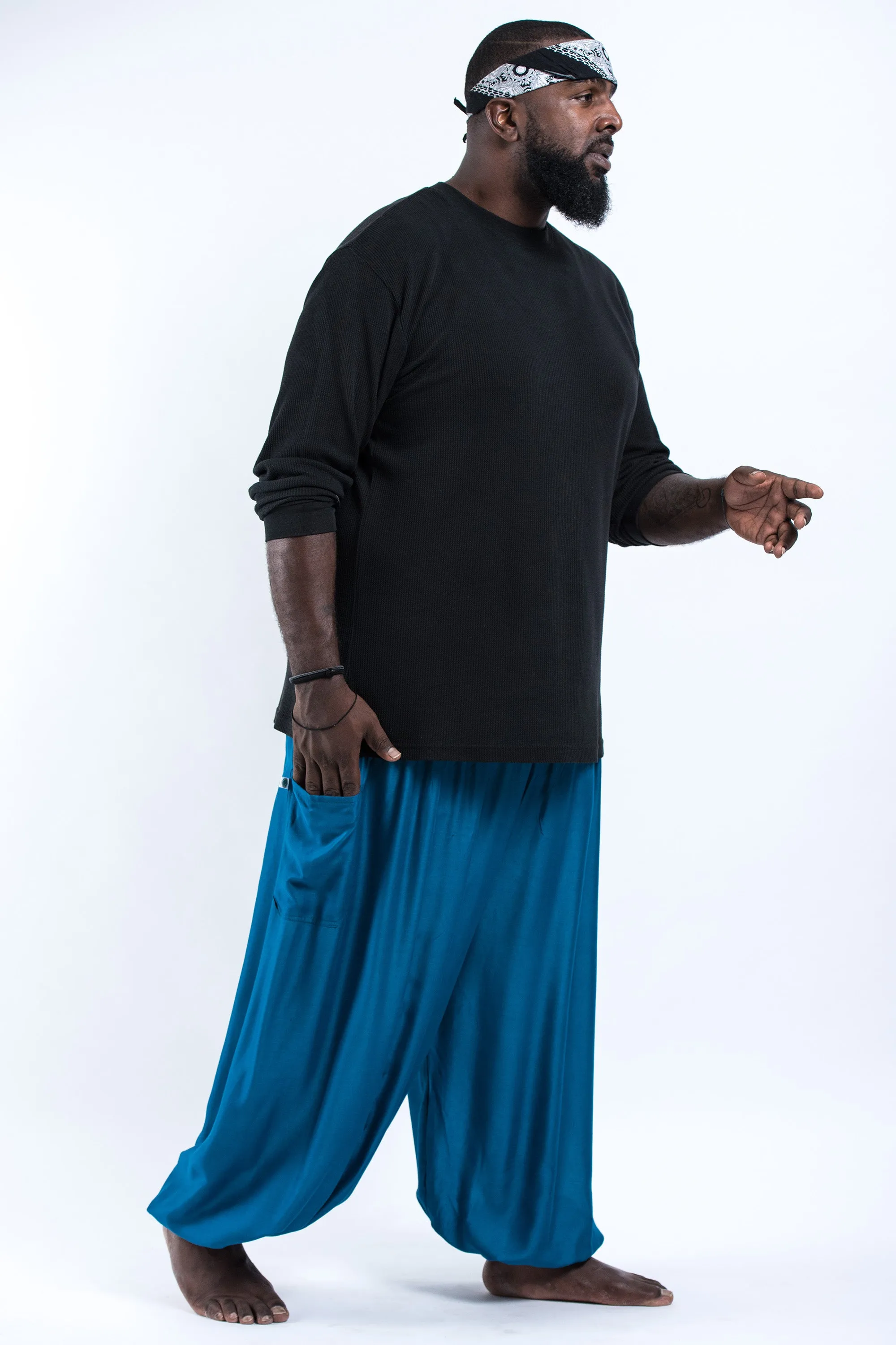 Plus Size Solid Color Men's Harem Pants in Aqua Blue