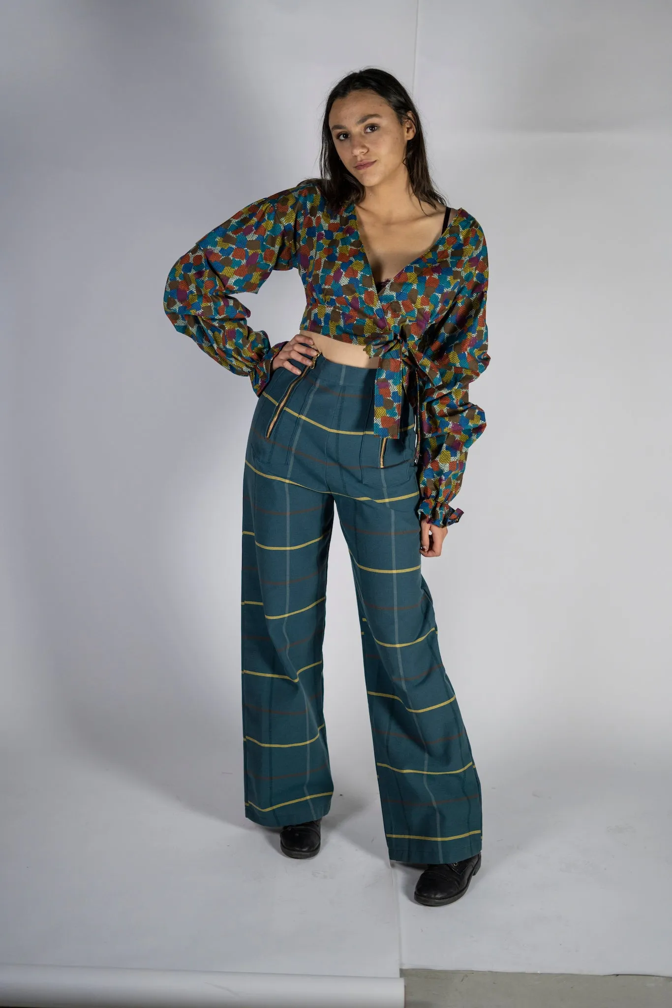 "West Side" Wrap crop top with ruched sleeves