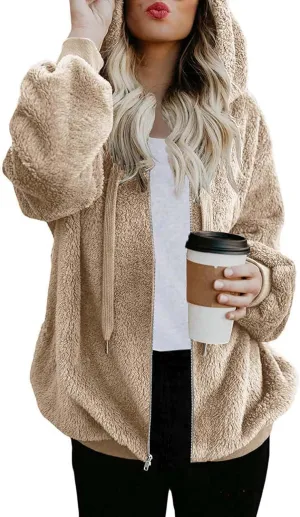 ReachMe Womens Warm Fuzzy Zip Up Hoodie Oversized Sherpa Jacket with Pockets Faux Fur Fleece Winter Coats
