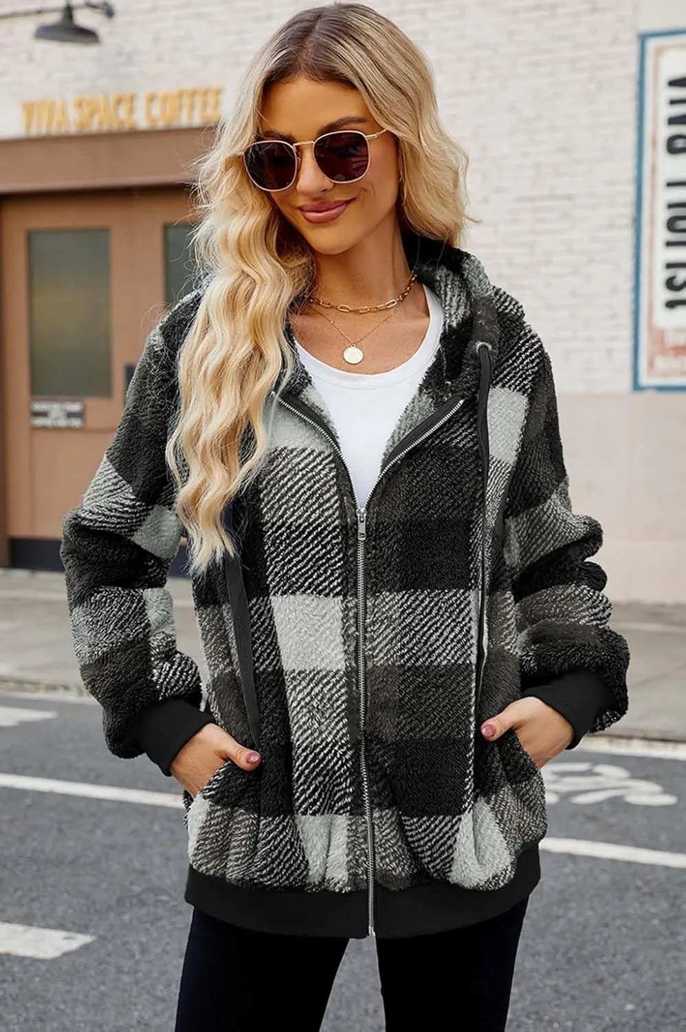ReachMe Womens Warm Fuzzy Zip Up Hoodie Oversized Sherpa Jacket with Pockets Faux Fur Fleece Winter Coats