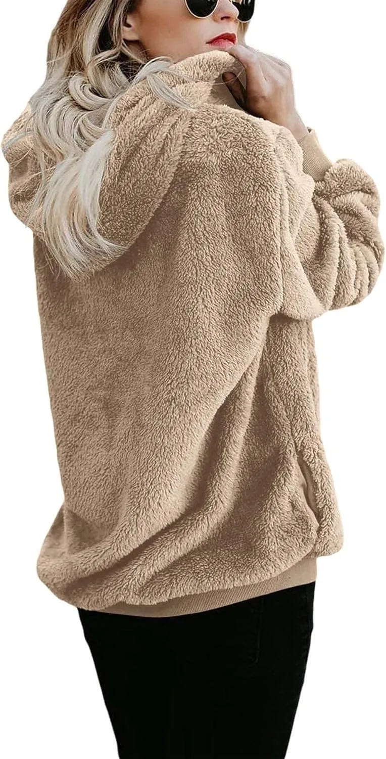 ReachMe Womens Warm Fuzzy Zip Up Hoodie Oversized Sherpa Jacket with Pockets Faux Fur Fleece Winter Coats