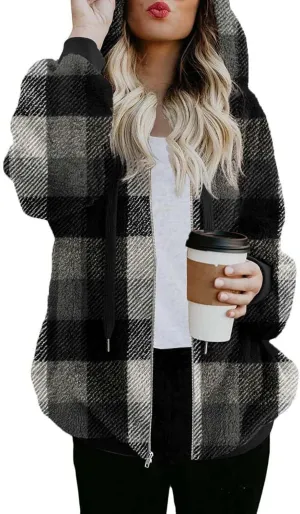 ReachMe Womens Warm Fuzzy Zip Up Hoodie Oversized Sherpa Jacket with Pockets Faux Fur Fleece Winter Coats