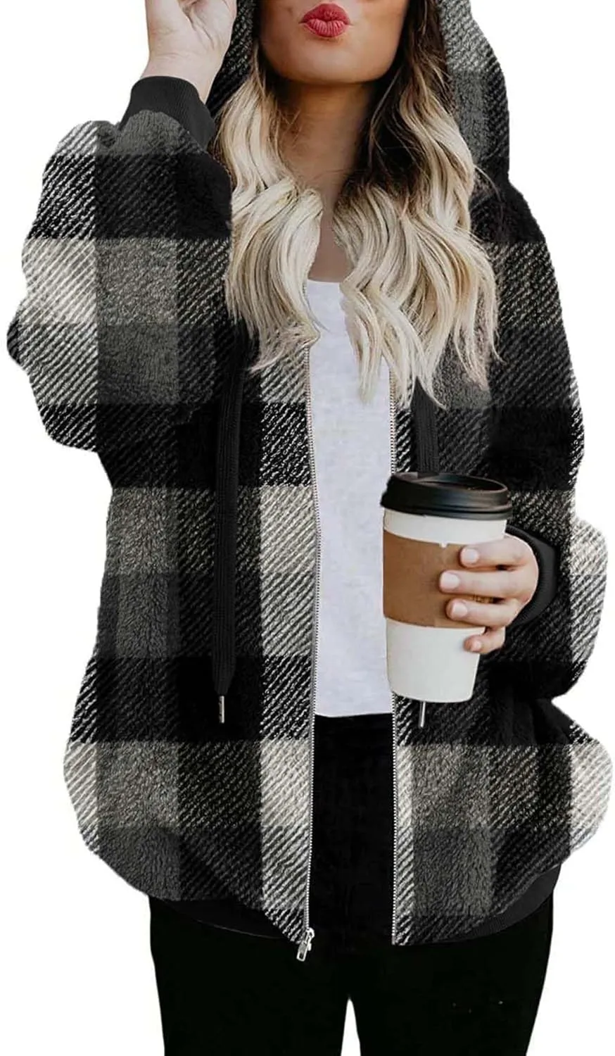 ReachMe Womens Warm Fuzzy Zip Up Hoodie Oversized Sherpa Jacket with Pockets Faux Fur Fleece Winter Coats