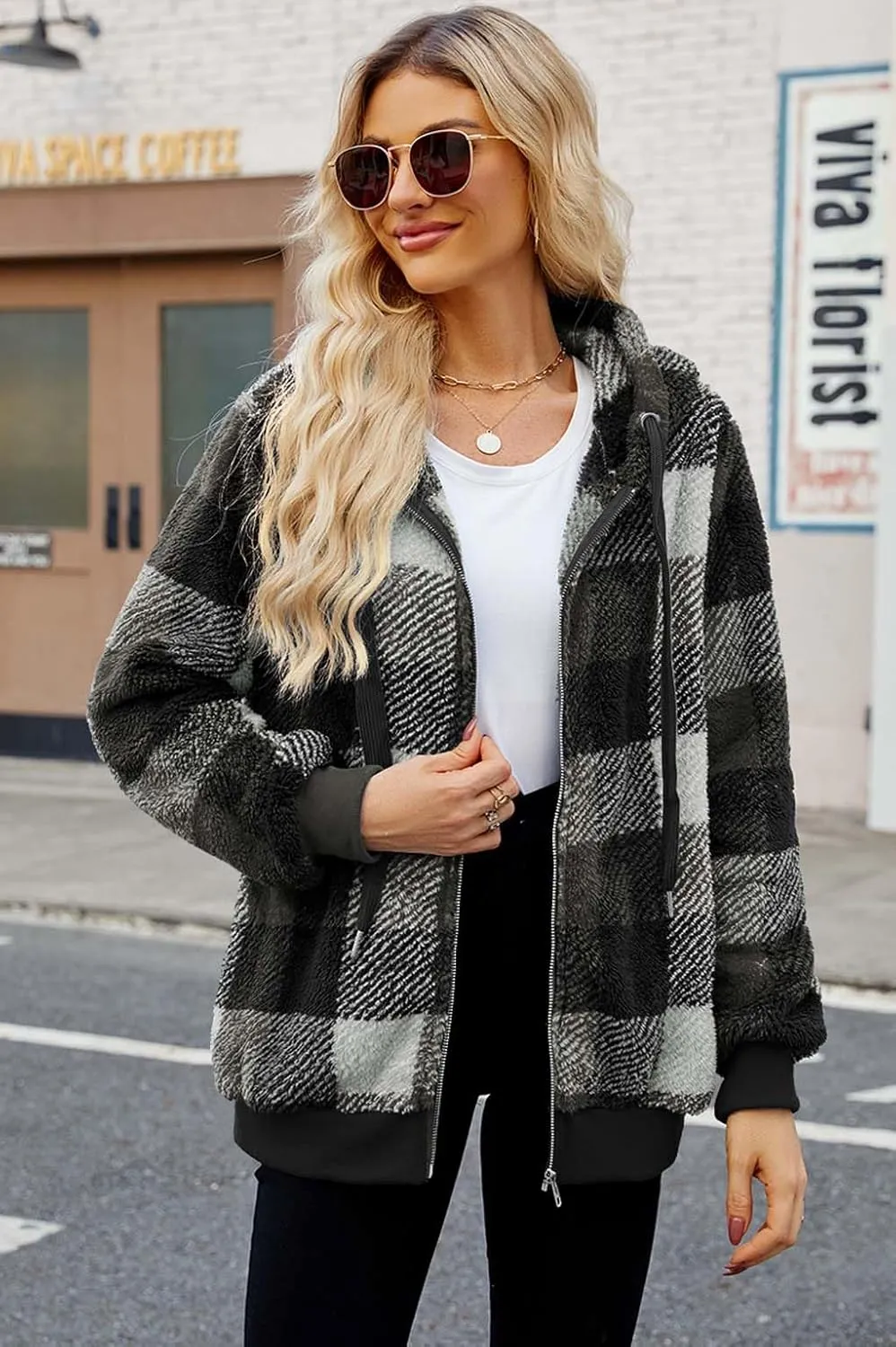ReachMe Womens Warm Fuzzy Zip Up Hoodie Oversized Sherpa Jacket with Pockets Faux Fur Fleece Winter Coats