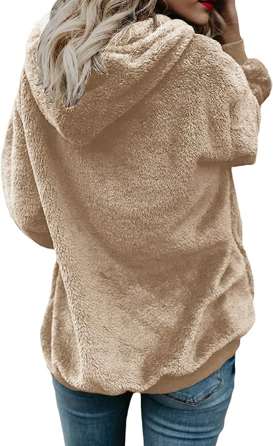 ReachMe Womens Warm Fuzzy Zip Up Hoodie Oversized Sherpa Jacket with Pockets Faux Fur Fleece Winter Coats
