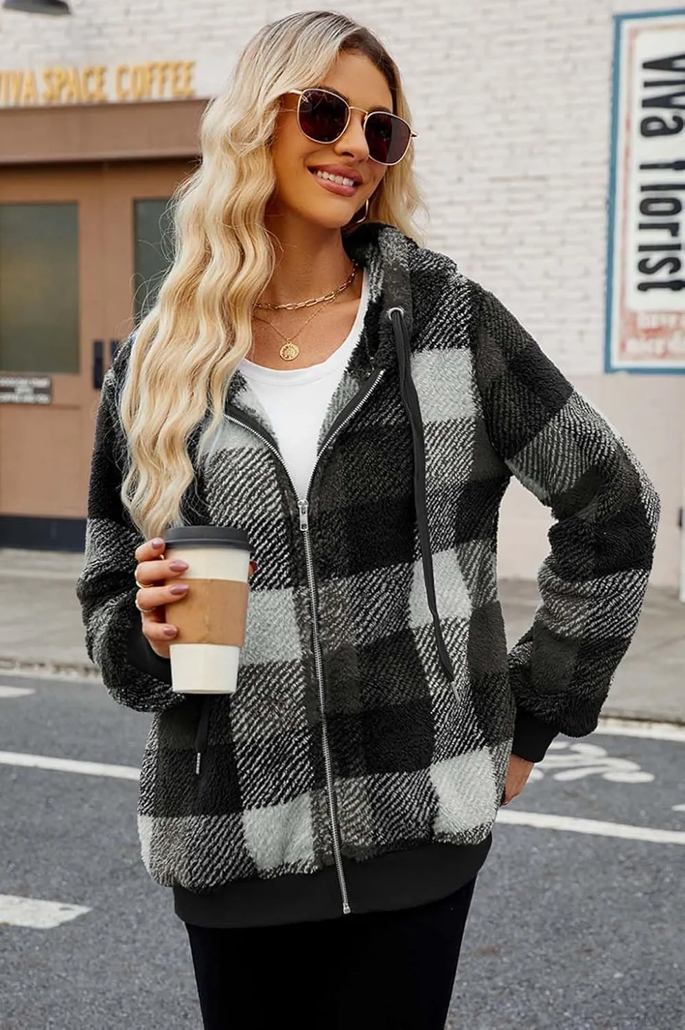 ReachMe Womens Warm Fuzzy Zip Up Hoodie Oversized Sherpa Jacket with Pockets Faux Fur Fleece Winter Coats