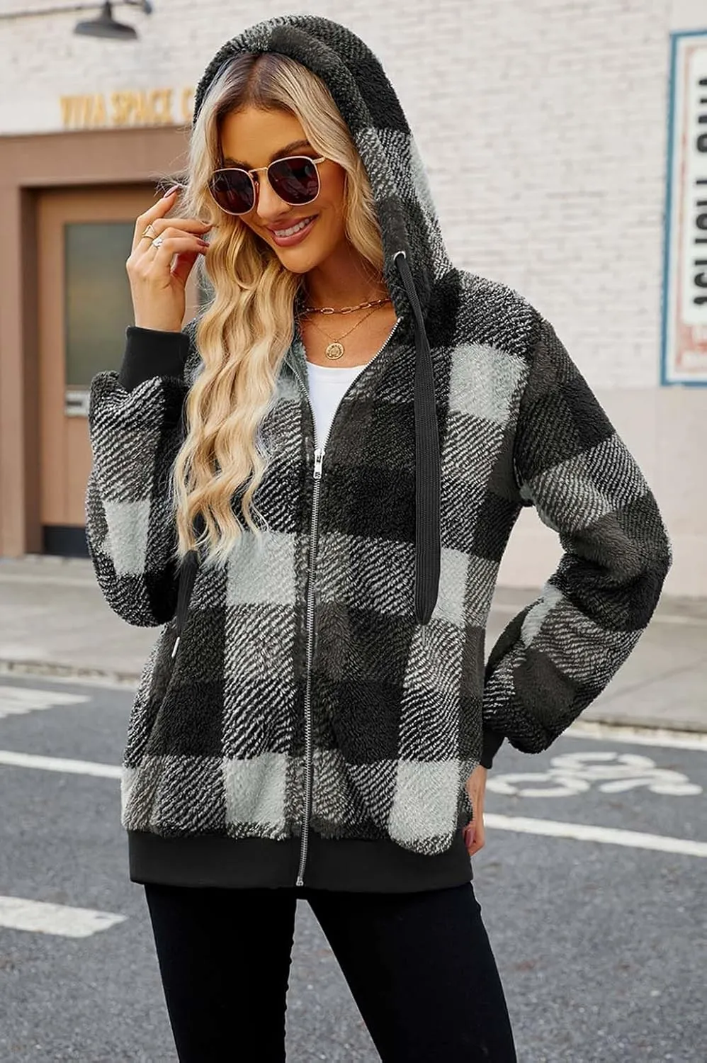 ReachMe Womens Warm Fuzzy Zip Up Hoodie Oversized Sherpa Jacket with Pockets Faux Fur Fleece Winter Coats