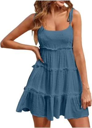 Ruffle Hem Dress for Women Spaghetti Strap Smocked Travel Dress Cute Boho Beach Floral Cover Ups A-Line Sundress