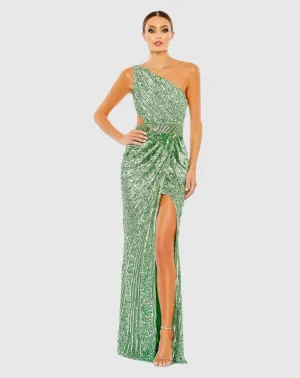 Sequin one shoulder draped lace up gown - Sage Green