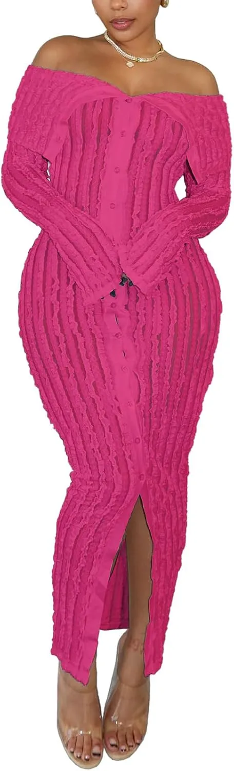 Sexy Button Down Dresses for Women Date Night Off Shoulder See Through Mesh Ruffle Bodycon Maxi Dress