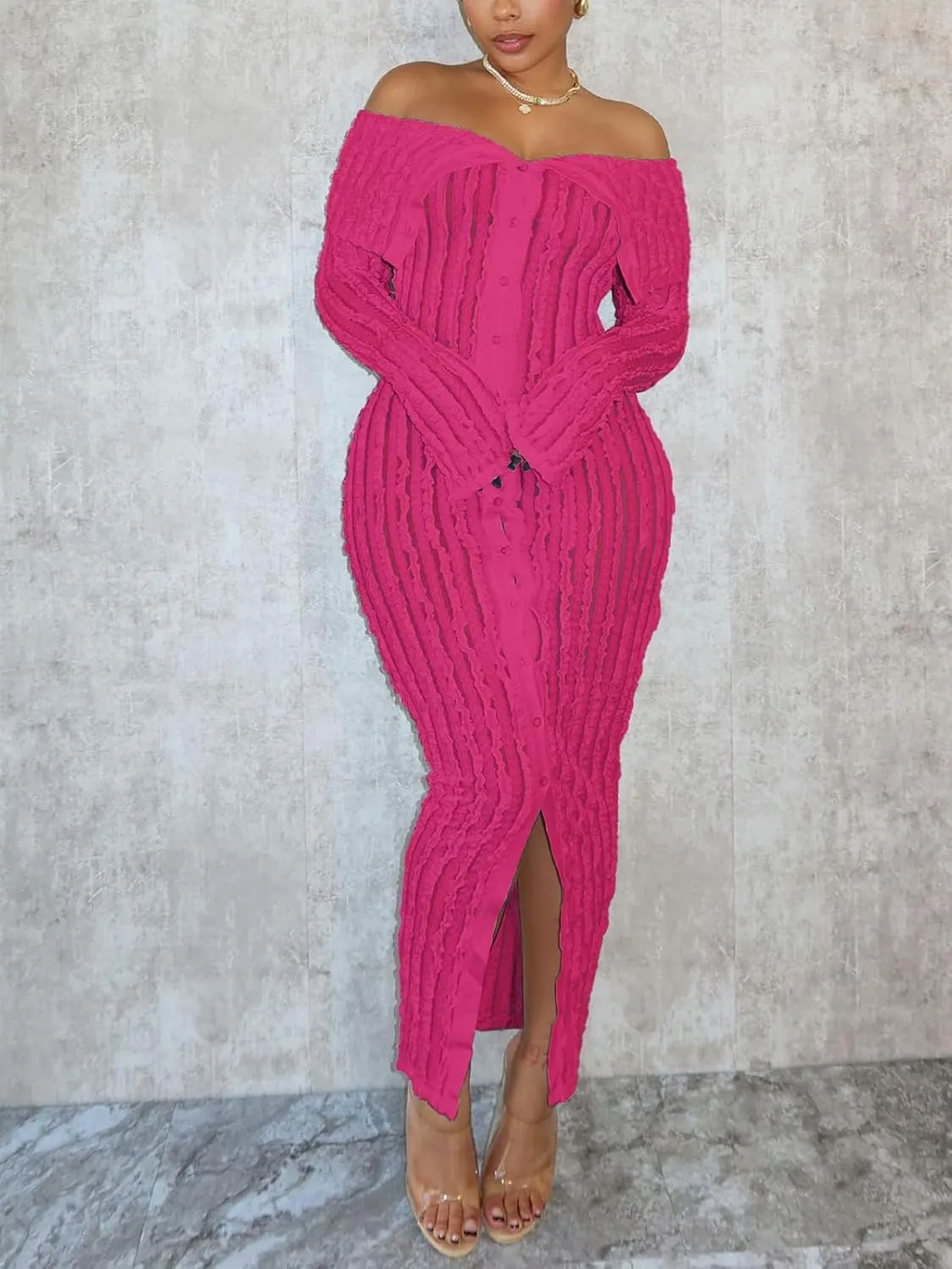 Sexy Button Down Dresses for Women Date Night Off Shoulder See Through Mesh Ruffle Bodycon Maxi Dress