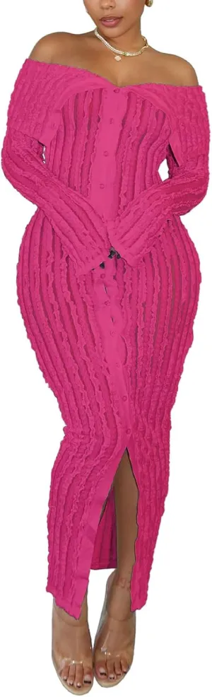Sexy Button Down Dresses for Women Date Night Off Shoulder See Through Mesh Ruffle Bodycon Maxi Dress