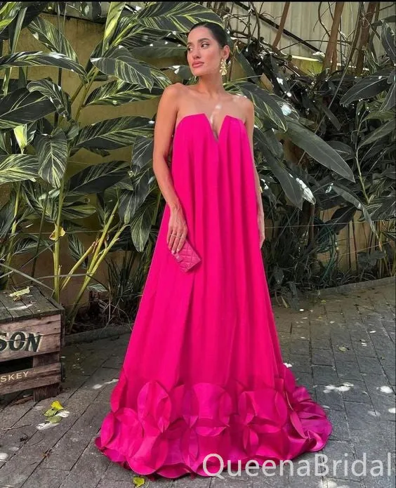 Sexy Hot Pink Strapless A-line Ruffles Long Prom Dresses to Impress ,WGP1371