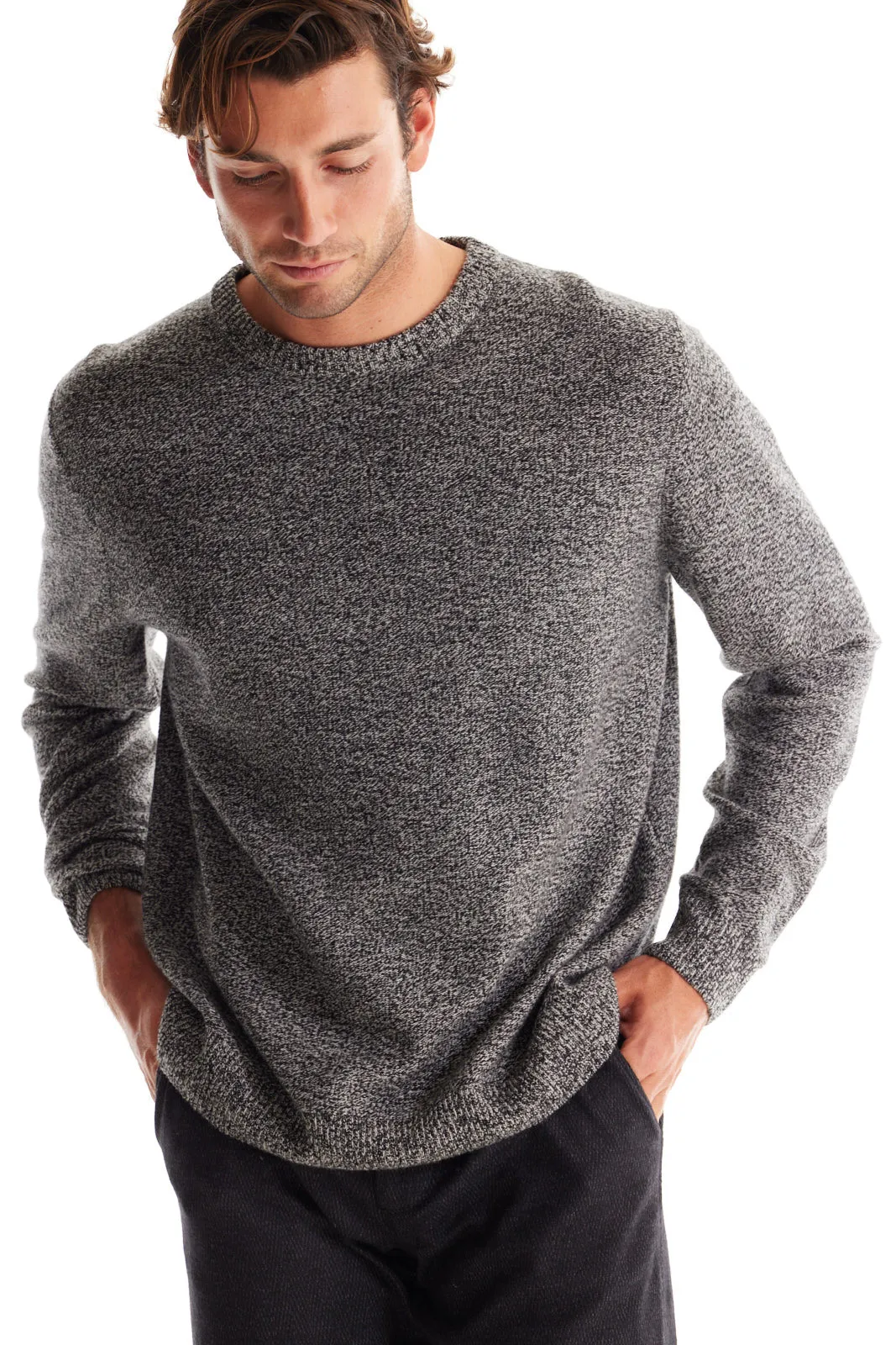 Soft Cloth Crewneck Sweater in Merino Jersey - Black Marl
