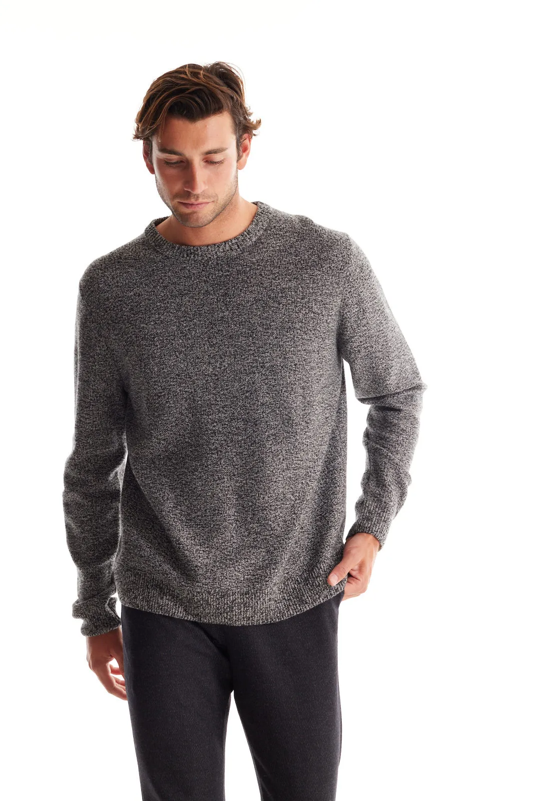 Soft Cloth Crewneck Sweater in Merino Jersey - Black Marl