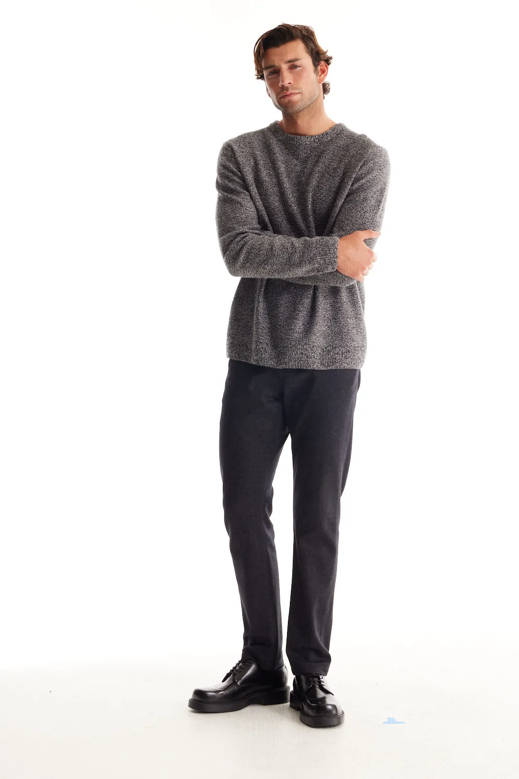 Soft Cloth Crewneck Sweater in Merino Jersey - Black Marl