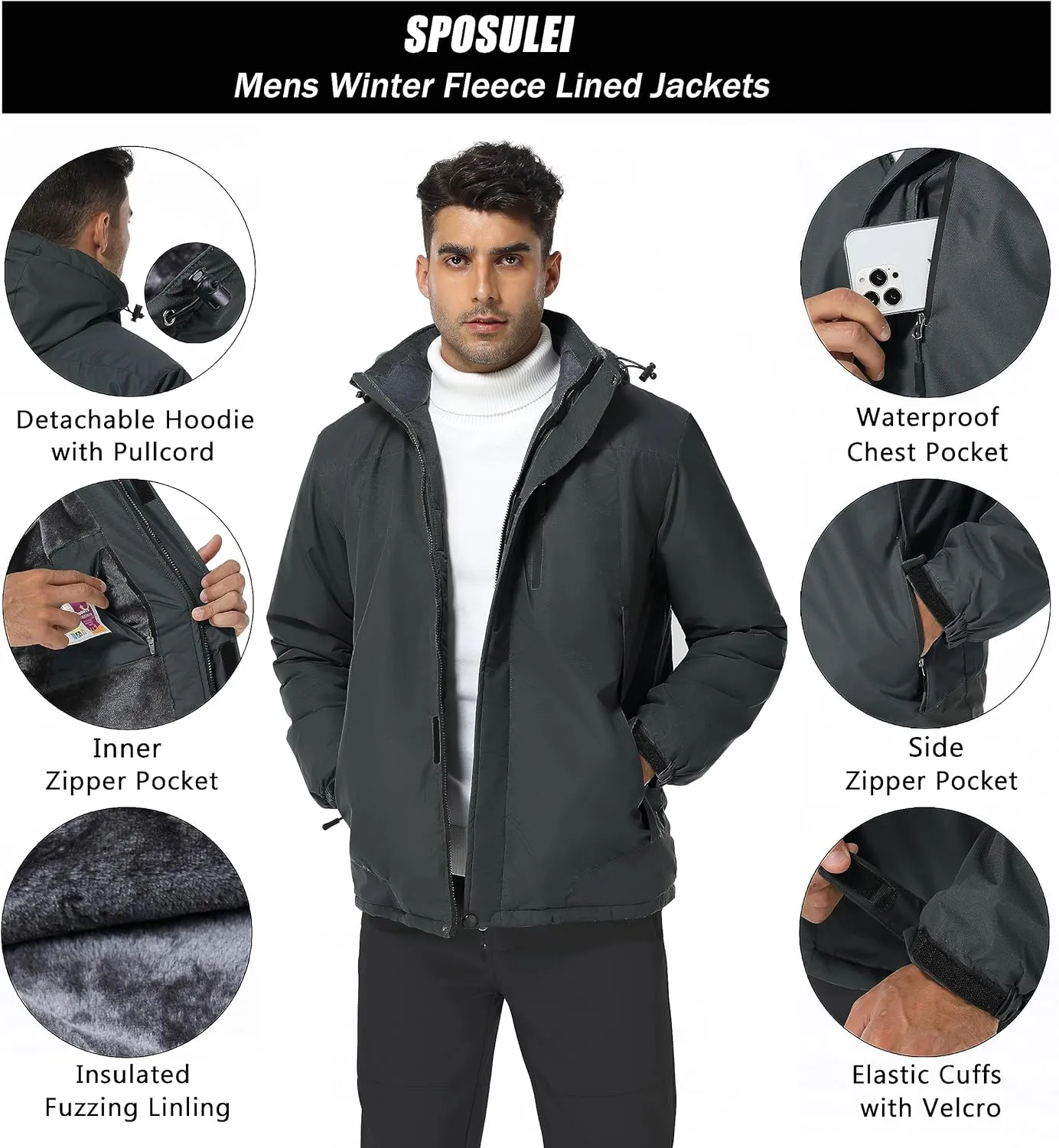SPOSULEI Mens Skiing Jackets with Hoode Snowboarding Waterproof Fleece Liner Coats Windproof Winter Raincoat Multi Pockets