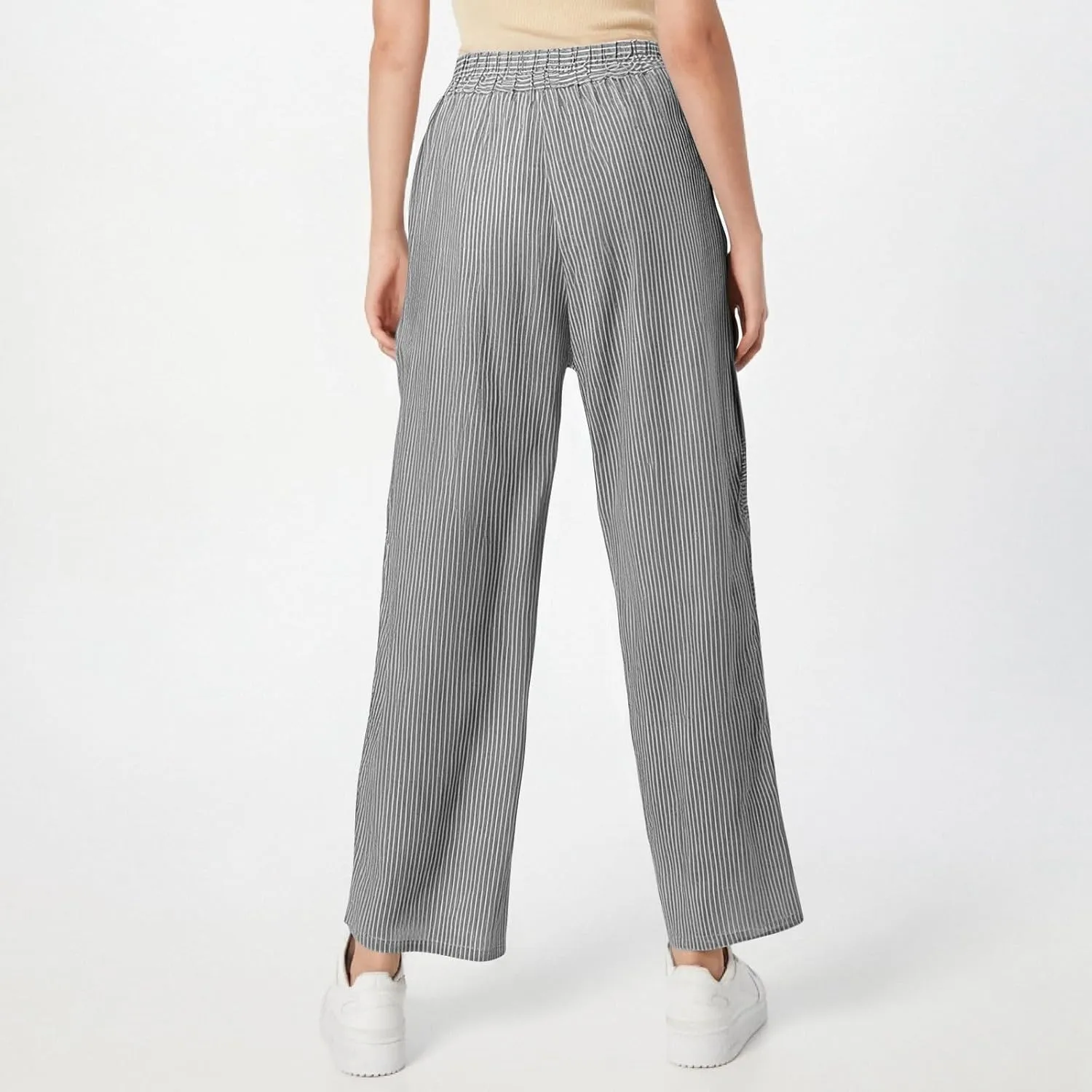Striped Linen Pants Women Cropped Side Button Elastic Waist Capris Lightweight Summer Beach Trousers with Pocket