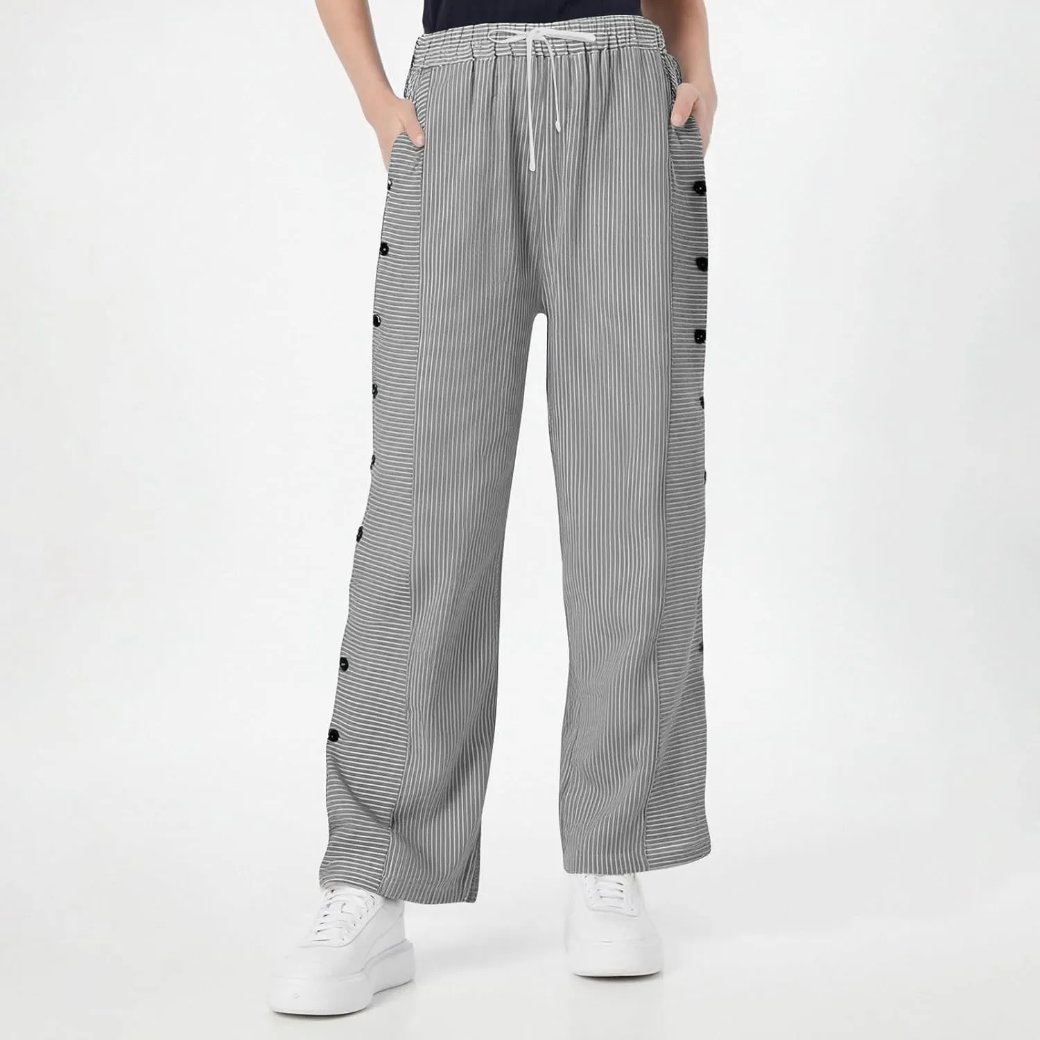 Striped Linen Pants Women Cropped Side Button Elastic Waist Capris Lightweight Summer Beach Trousers with Pocket