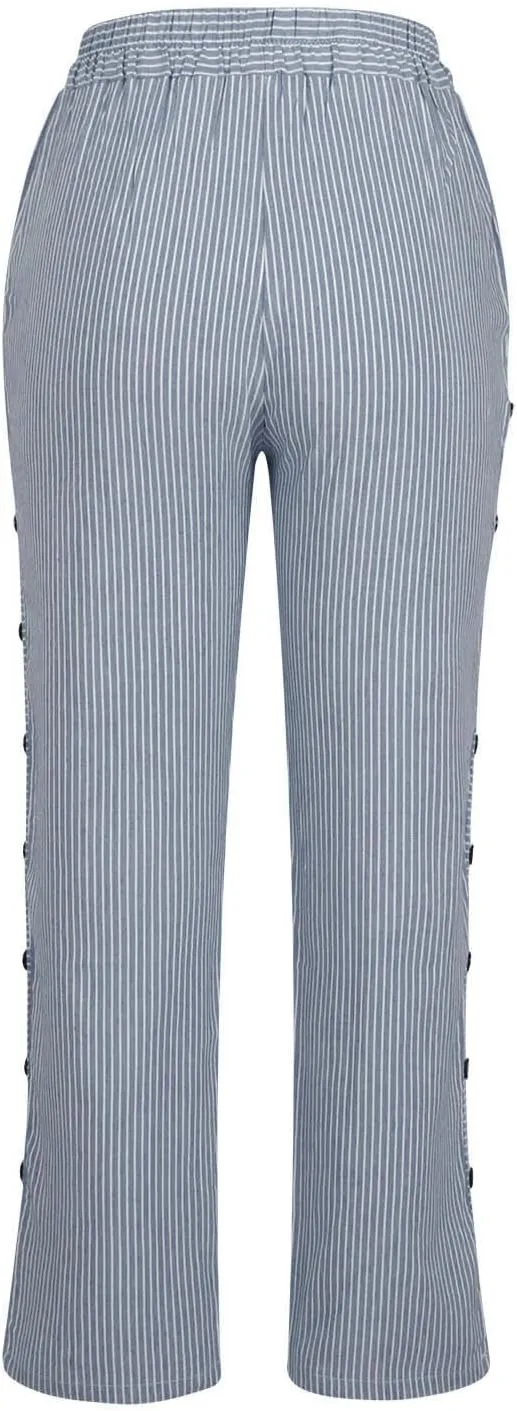 Striped Linen Pants Womens Cropped Side Bottom Trim Elastic Waist Capris Lightweight Summer Beach Trousers with Pocket
