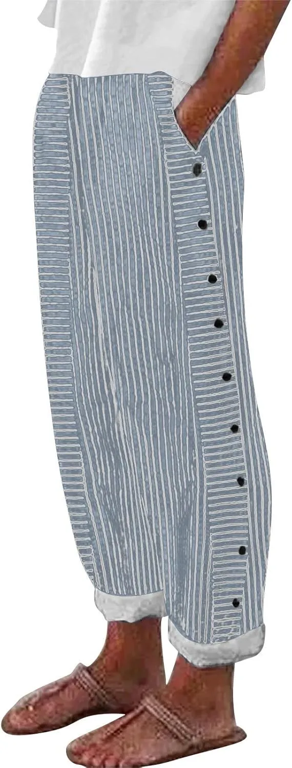 Striped Linen Pants Womens Cropped Side Bottom Trim Elastic Waist Capris Lightweight Summer Beach Trousers with Pocket