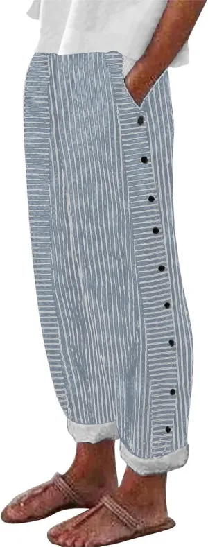 Striped Linen Pants Womens Cropped Side Bottom Trim Elastic Waist Capris Lightweight Summer Beach Trousers with Pocket
