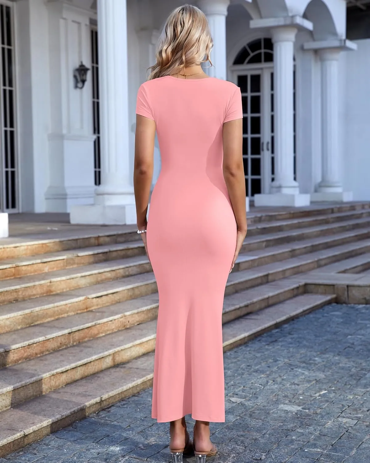 Summer Dresses for Women 2025 Elegant Square Neck Long Ribbed Bodycon Maxi Formal Dresses for Wedding Guest Maternity Dress