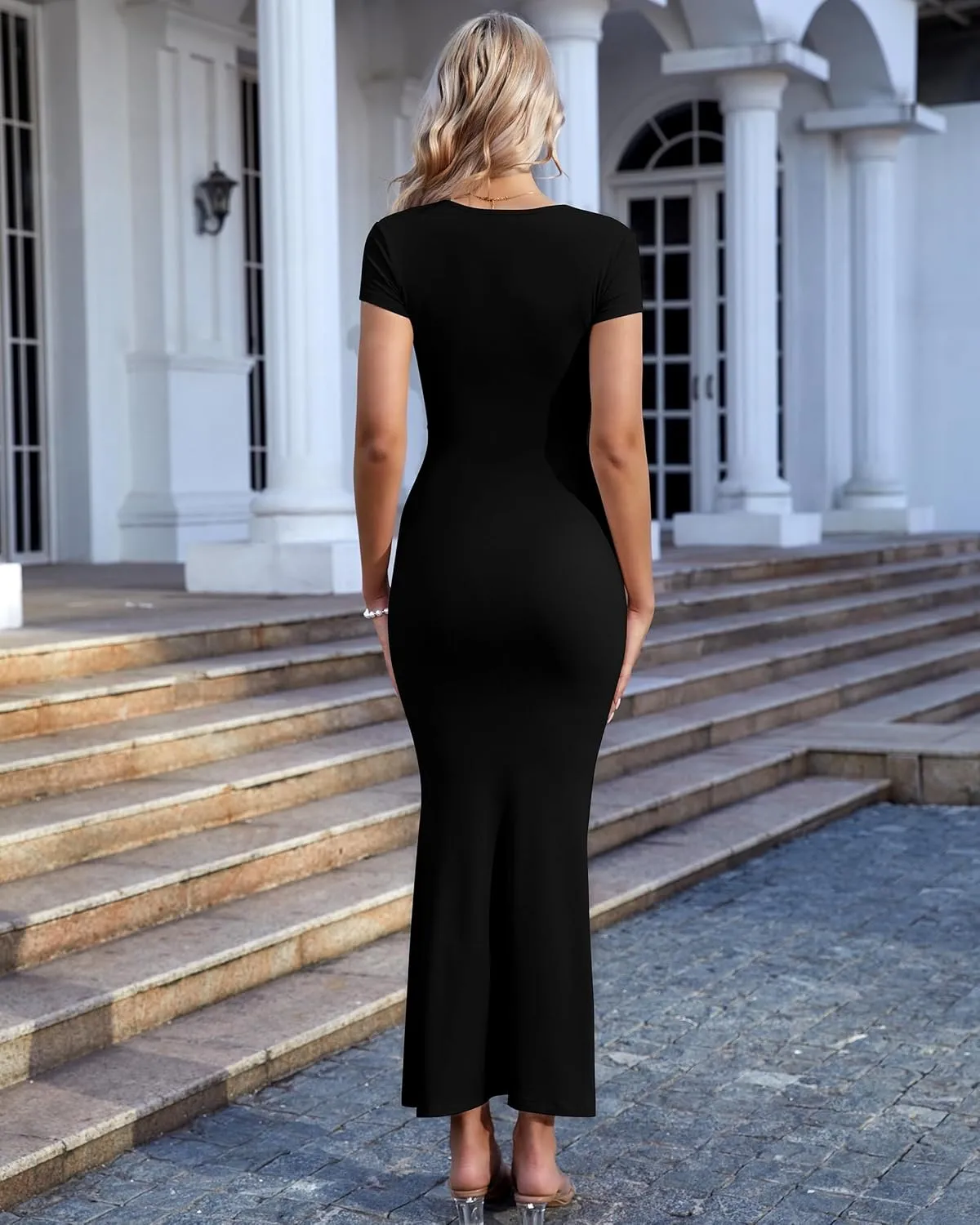 Summer Dresses for Women 2025 Elegant Square Neck Long Ribbed Bodycon Maxi Formal Dresses for Wedding Guest Maternity Dress