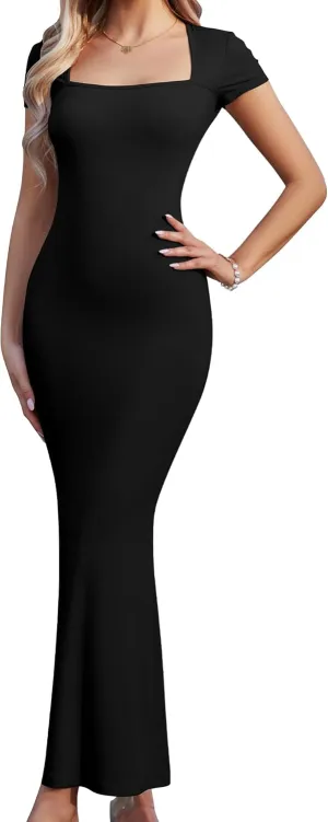 Summer Dresses for Women 2025 Elegant Square Neck Long Ribbed Bodycon Maxi Formal Dresses for Wedding Guest Maternity Dress