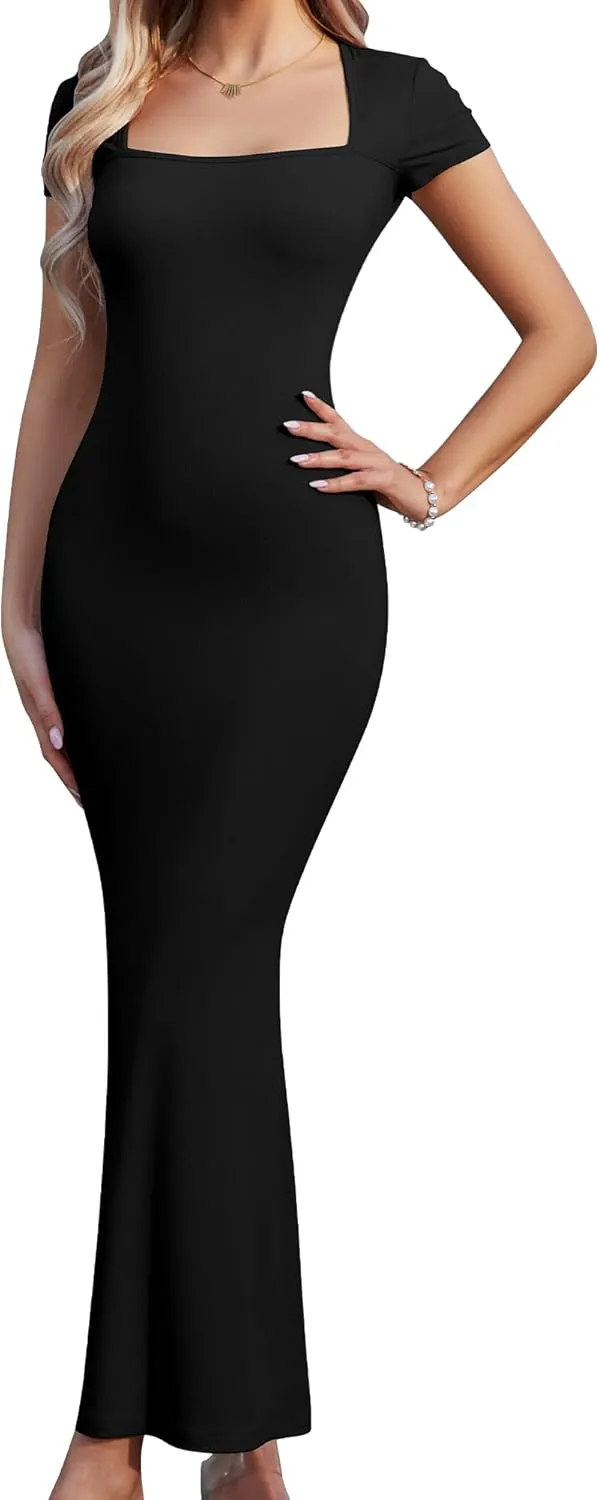 Summer Dresses for Women 2025 Elegant Square Neck Long Ribbed Bodycon Maxi Formal Dresses for Wedding Guest Maternity Dress