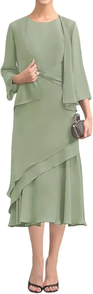 Tea Length Mother of The Bride Dresses with Jackets 2 Piece Chiffon Formal Evening Party Gowns for Wedding
